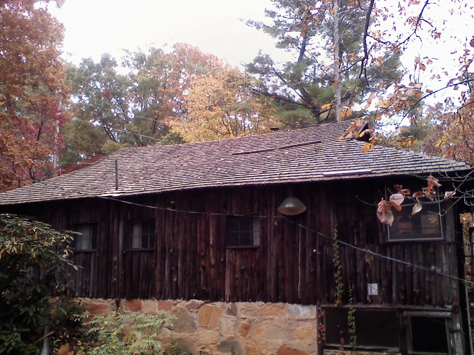 Weathered wood shake roof on a rustic board sided cabin in Manchester